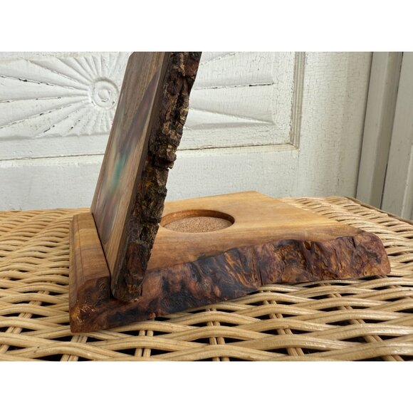 Vintage 70s Candle Votive Holder Live Edge Wood Resin Butterfly Boho - Picture 6 of 10